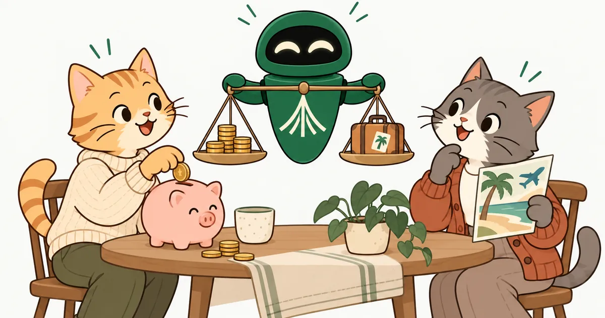 At a kitchen table one cartoon cat drops coins into a piggy bank while the other holds a beach travel brochure. The Unium robot balances coins against a suitcase on a scale.