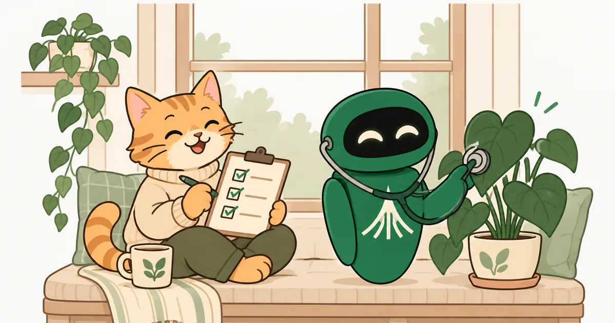 A cartoon cat ticks a checklist in a window seat while the Unium robot listens to a heart-shaped houseplant with a stethoscope.