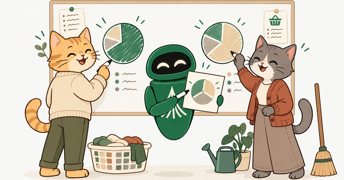 Two cartoon cats at a whiteboard each draw a chore pie chart giving themselves the bigger slice, while the Unium robot holds up a fairly split one.
