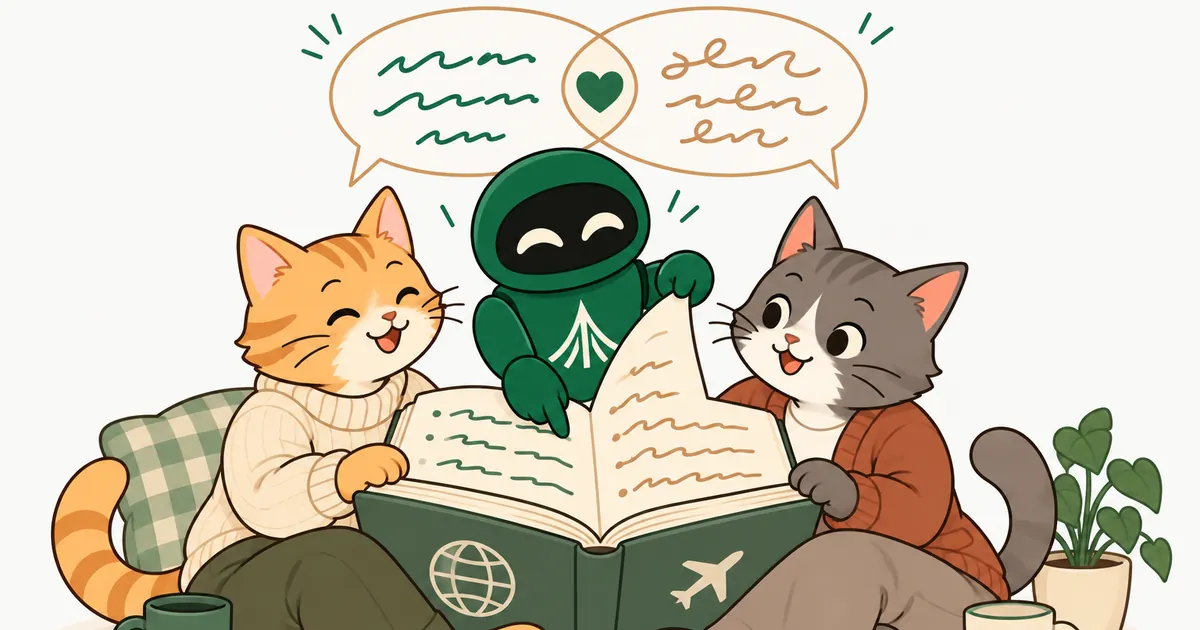 Two cartoon cats share a big phrasebook, with speech bubbles in two different scripts meeting at a heart, and the Unium robot turning the page.