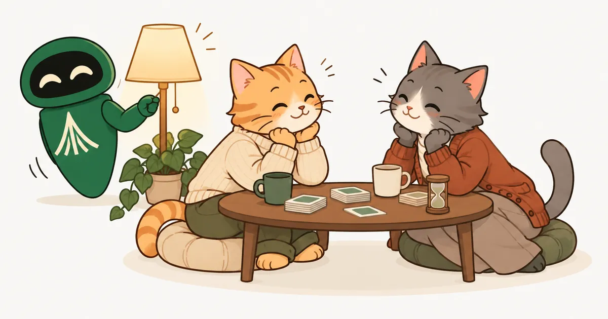 Two cartoon cats gaze at each other across a low table with question cards and a small hourglass, while the Unium robot dims the lamp and slips away.