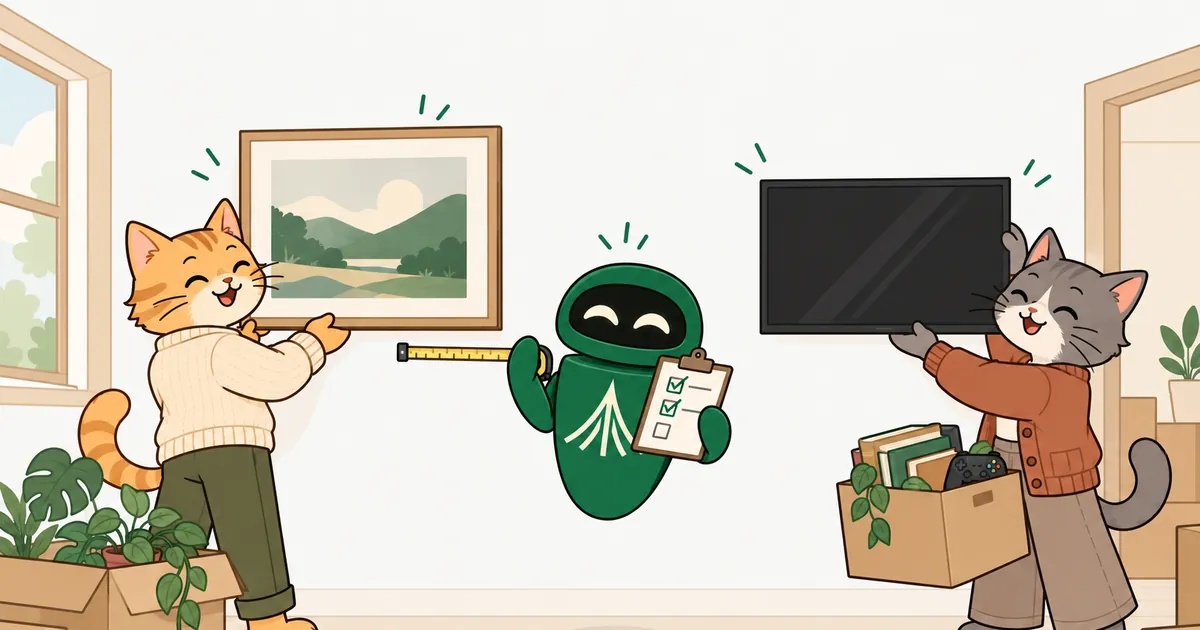 On moving day, two cartoon cats hold a painting and a television up against the same bare wall while the Unium robot measures it and checks a clipboard.