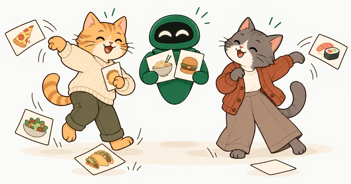 Two cartoon cats take turns tossing away food cards like pizza and sushi from the hand the Unium robot holds out, until only a couple are left.
