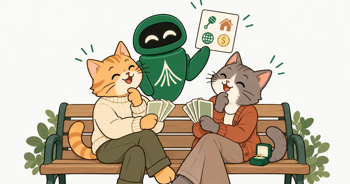 Two cartoon cats on a park bench hold a deck of question cards about children, home, travel and money, with a ring box beside them and the Unium robot offering the next card.