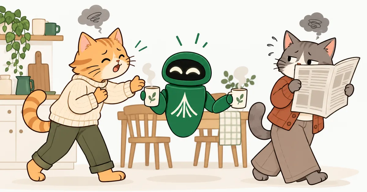 In a kitchen, one cartoon cat follows its partner wanting to talk now, while the other backs away behind a newspaper. The Unium robot offers them both a cup of tea.