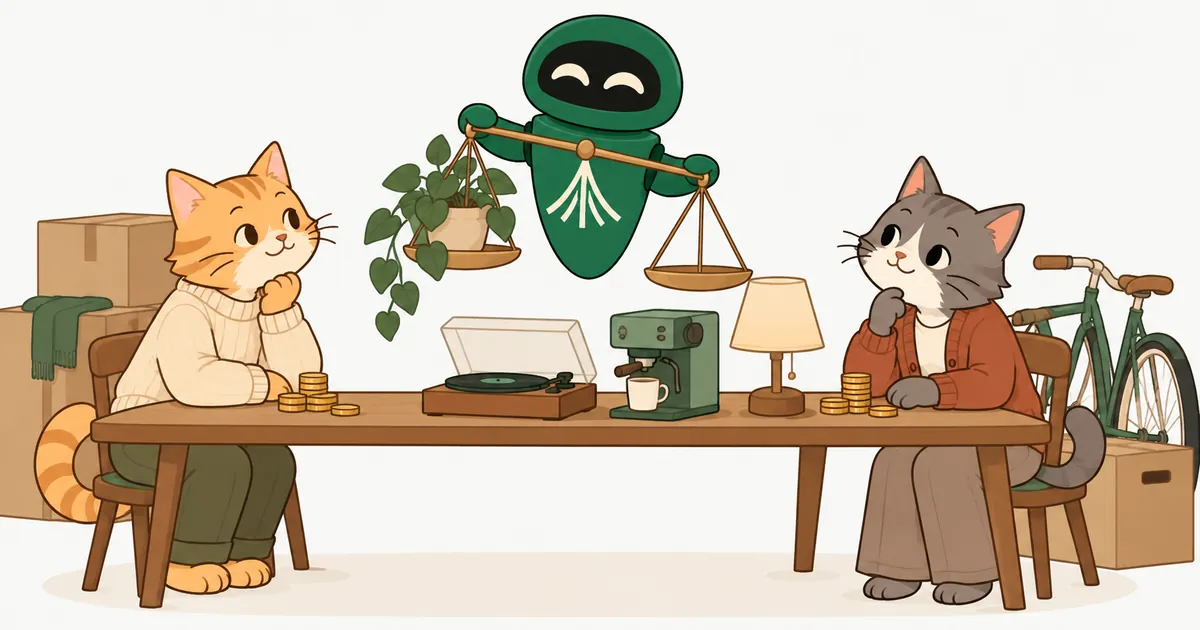 Two calm cartoon cats sit at either end of a table of shared things, a record player, a coffee machine and a lamp, while the Unium robot weighs a houseplant on a scale.