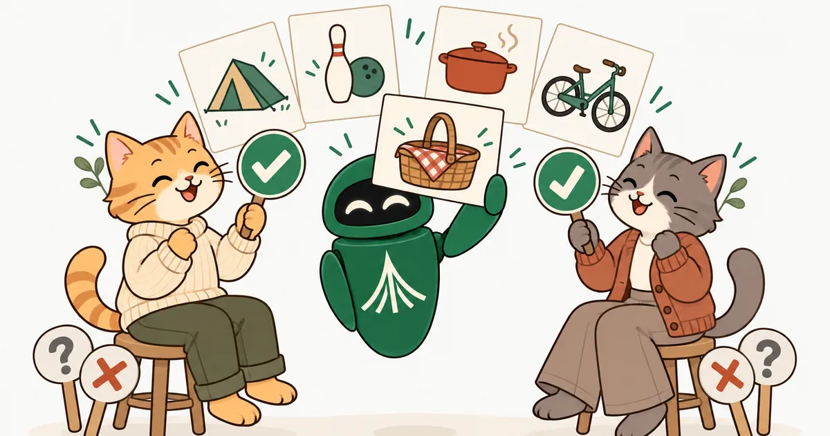 The Unium robot shows date idea cards like a picnic, camping and bowling, and two cartoon cats both raise a green tick paddle for the picnic.