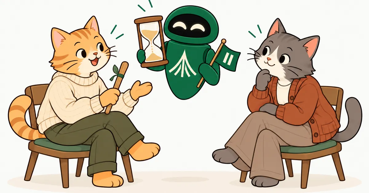 One cartoon cat speaks holding a talking stick while its partner listens closely, and the Unium robot keeps time with an hourglass and a pause flag.