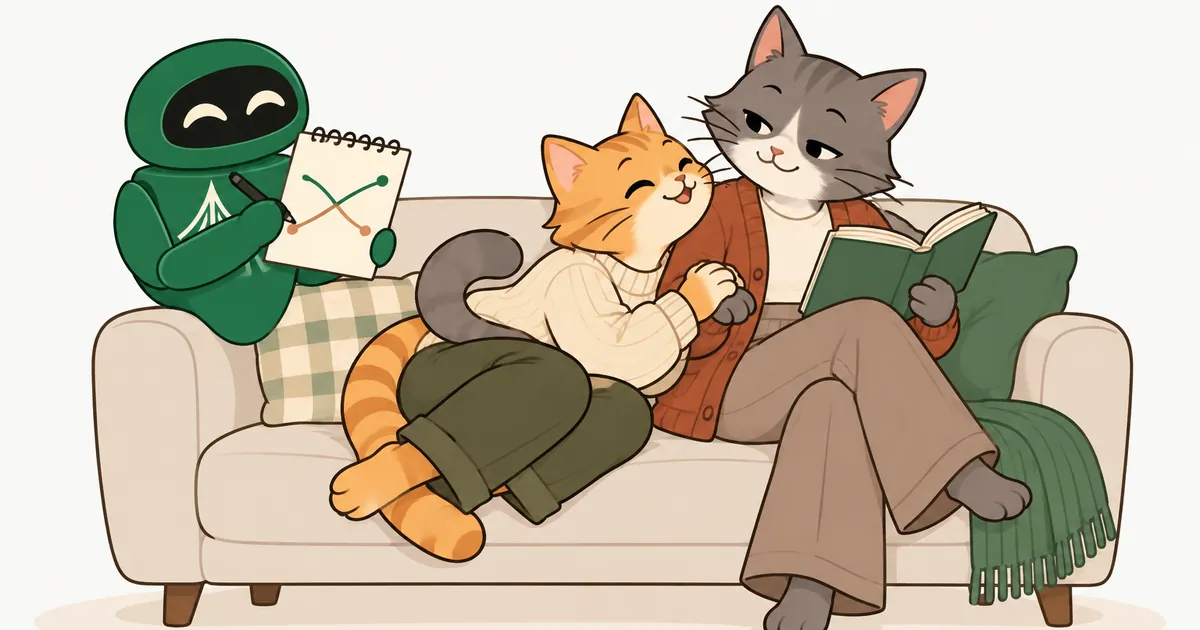 Two cartoon cats on a sofa: one leans in for reassurance while the other reads a book with its tail curled around them. The Unium robot sketches a chart on the armrest.