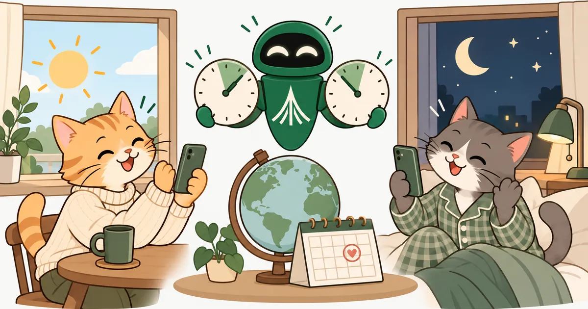 One cartoon cat in daylight and one at night video call each other, while the Unium robot lines up two clocks over a globe and a calendar with a day circled.