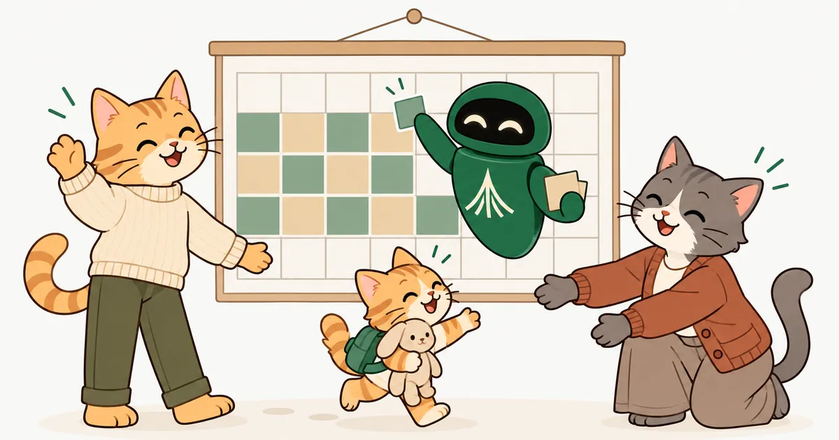 Two cartoon cat parents stand either side of a colour-coded wall calendar as their kitten walks happily between them with a backpack, and the Unium robot adds the next square.