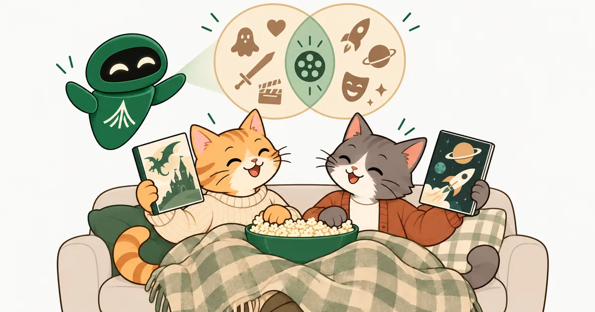 Two cartoon cats under a blanket with popcorn hold up a fantasy film and a space film, while the Unium robot projects their overlapping genres onto the wall.