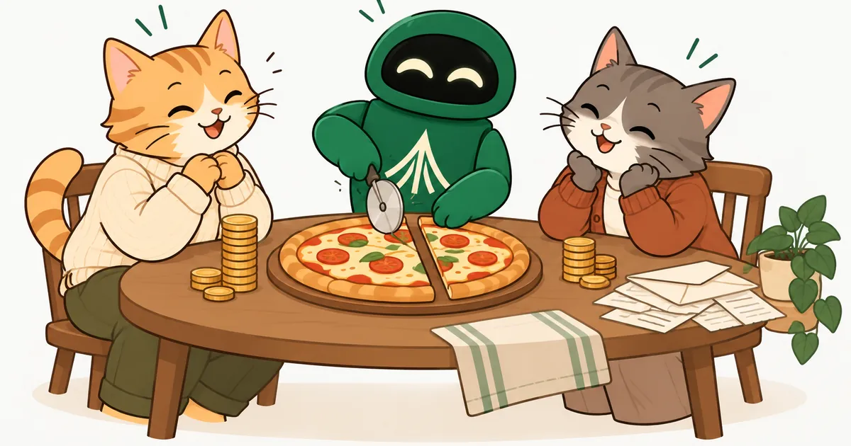 The Unium robot cuts a pizza into two slices sized to match each cartoon cat's stack of coins, with bills on the table beside them.
