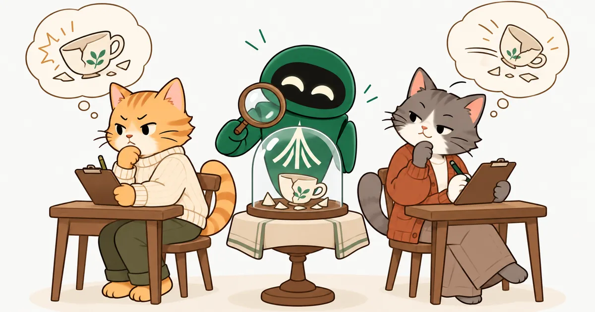 Two cartoon cats write their own accounts at separate desks while the Unium robot inspects a broken teacup under a glass dome with a magnifying glass.