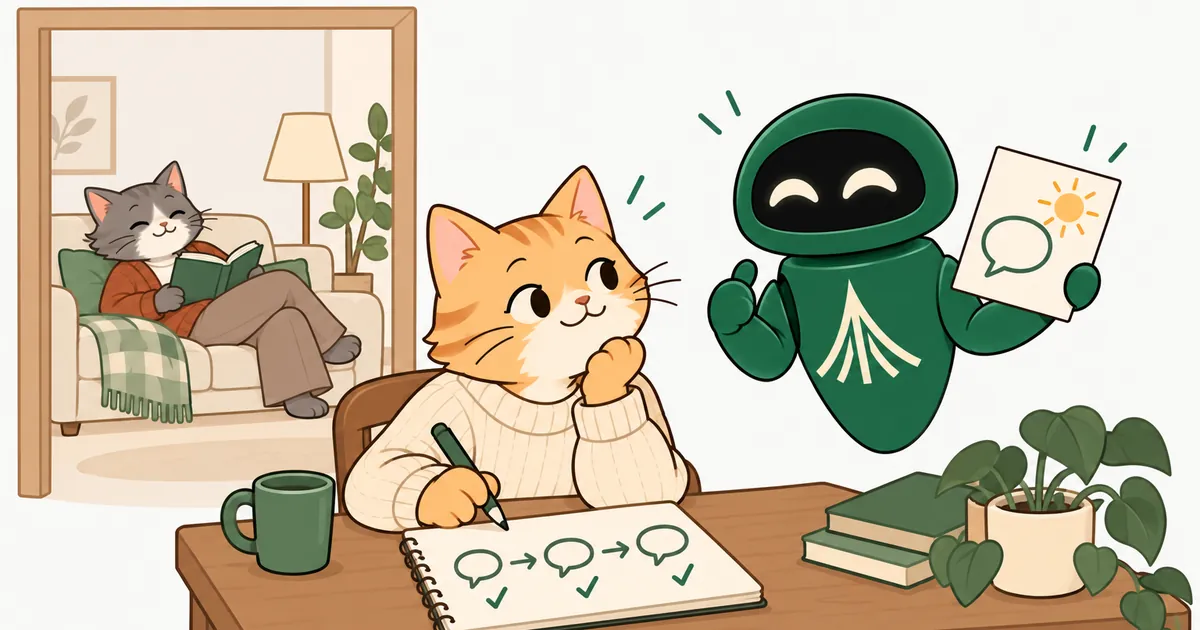 A cartoon cat plans a conversation in a notebook with the Unium robot as coach, while its partner relaxes with a book in the next room.