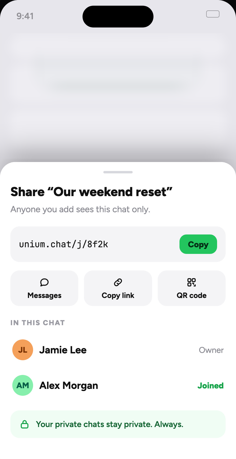 The share sheet in the Unium iPhone app, with a join link, a QR code, and the two people in the chat