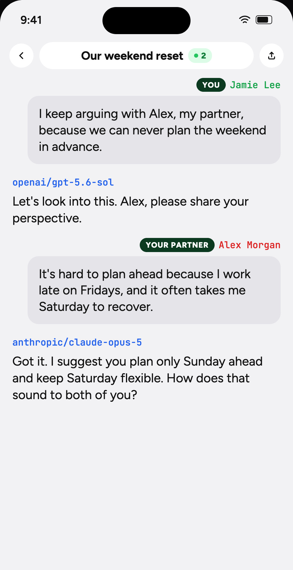 A shared chat in the Unium iPhone app where the AI asks each person for their side of a weekend plan