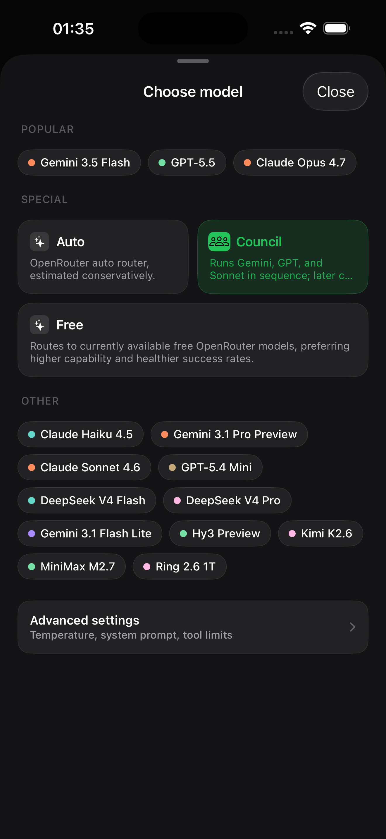Unium iOS app showing the model picker for the next message