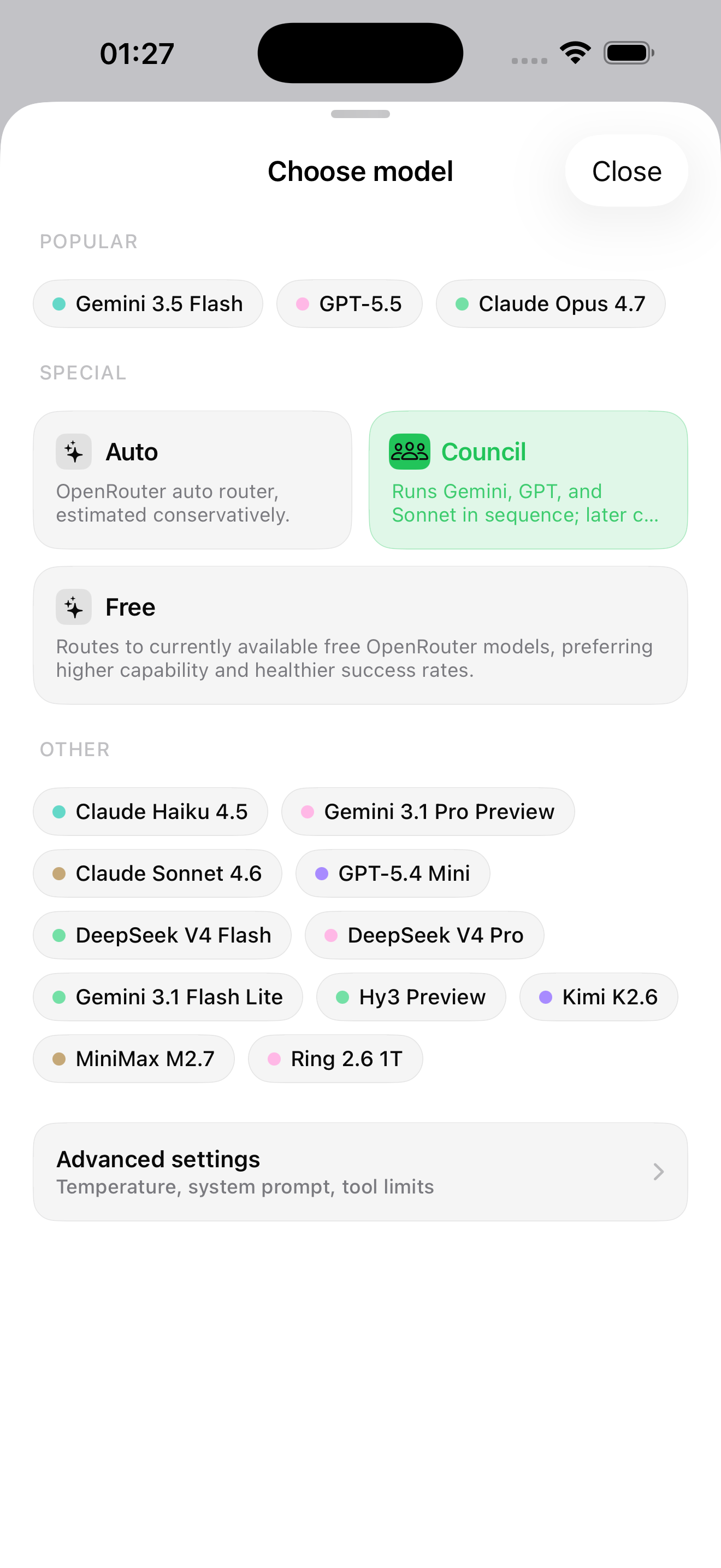 Unium iOS app showing the model picker for the next message