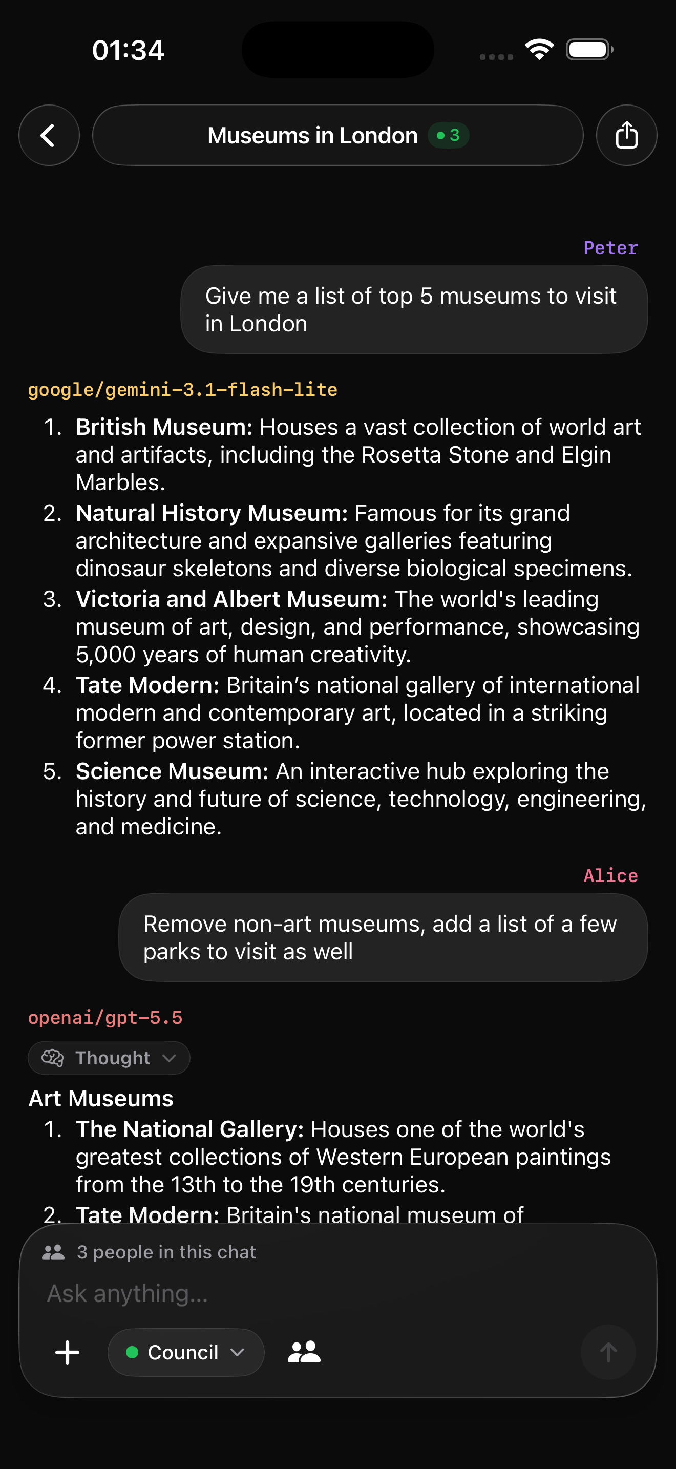 Unium iOS app showing a shared chat and its collaborators