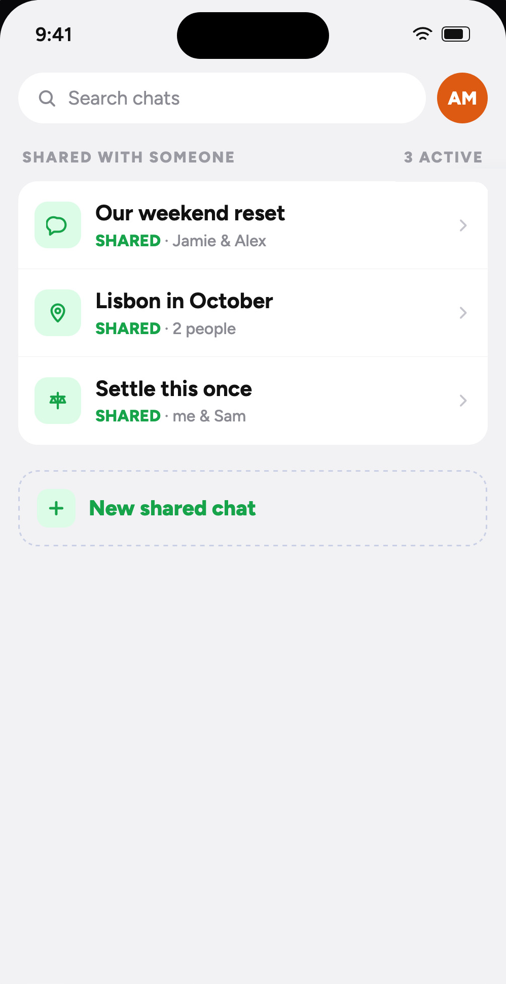 The Unium iPhone app showing three shared chats: a weekend plan, a trip, and an argument to settle
