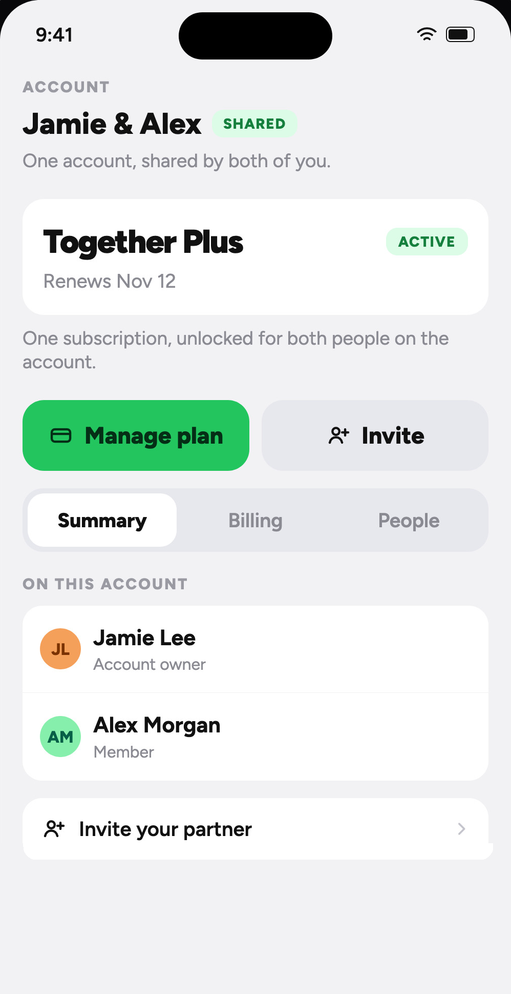 A plan in the Unium iPhone app that both people can open, with the actions still outstanding