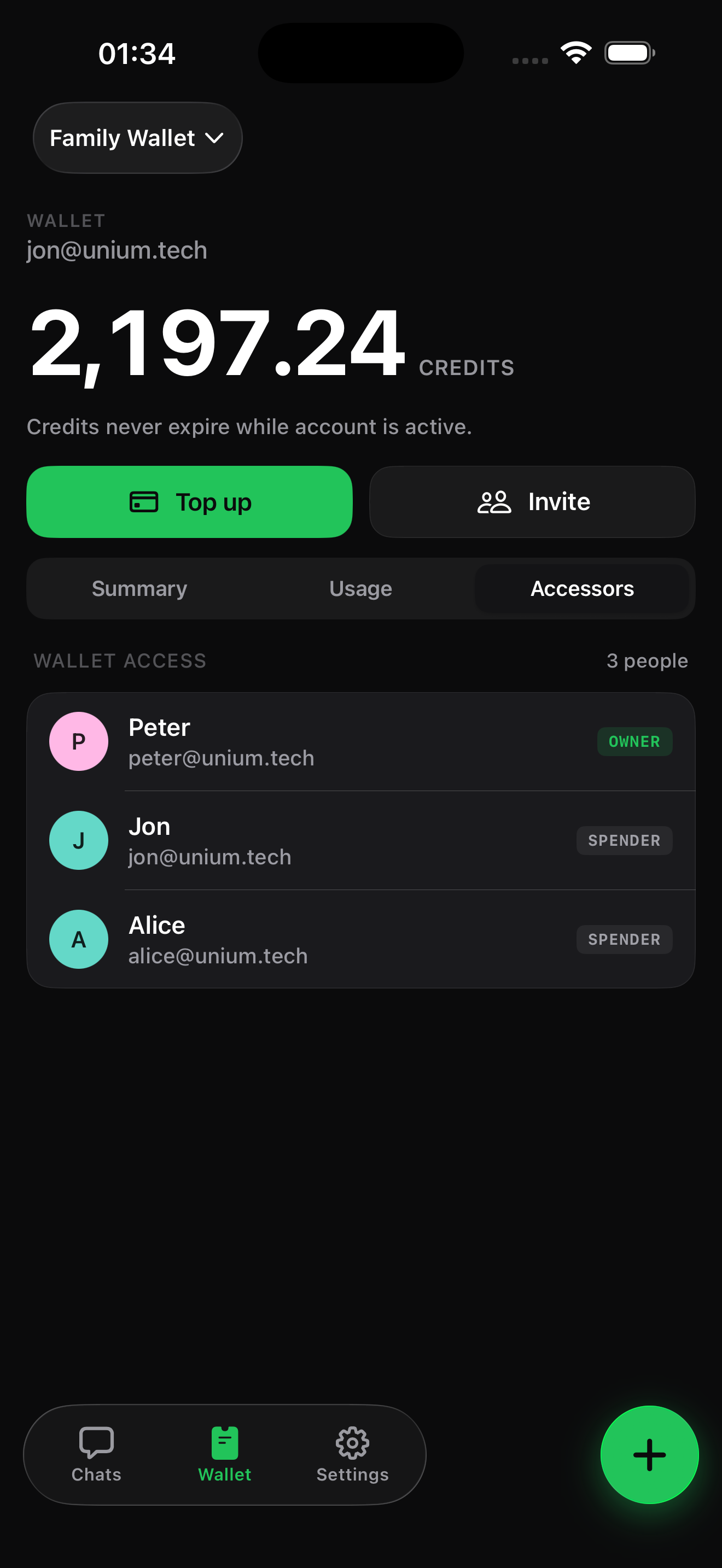 Unium iOS app showing a shared wallet and who can draw from it