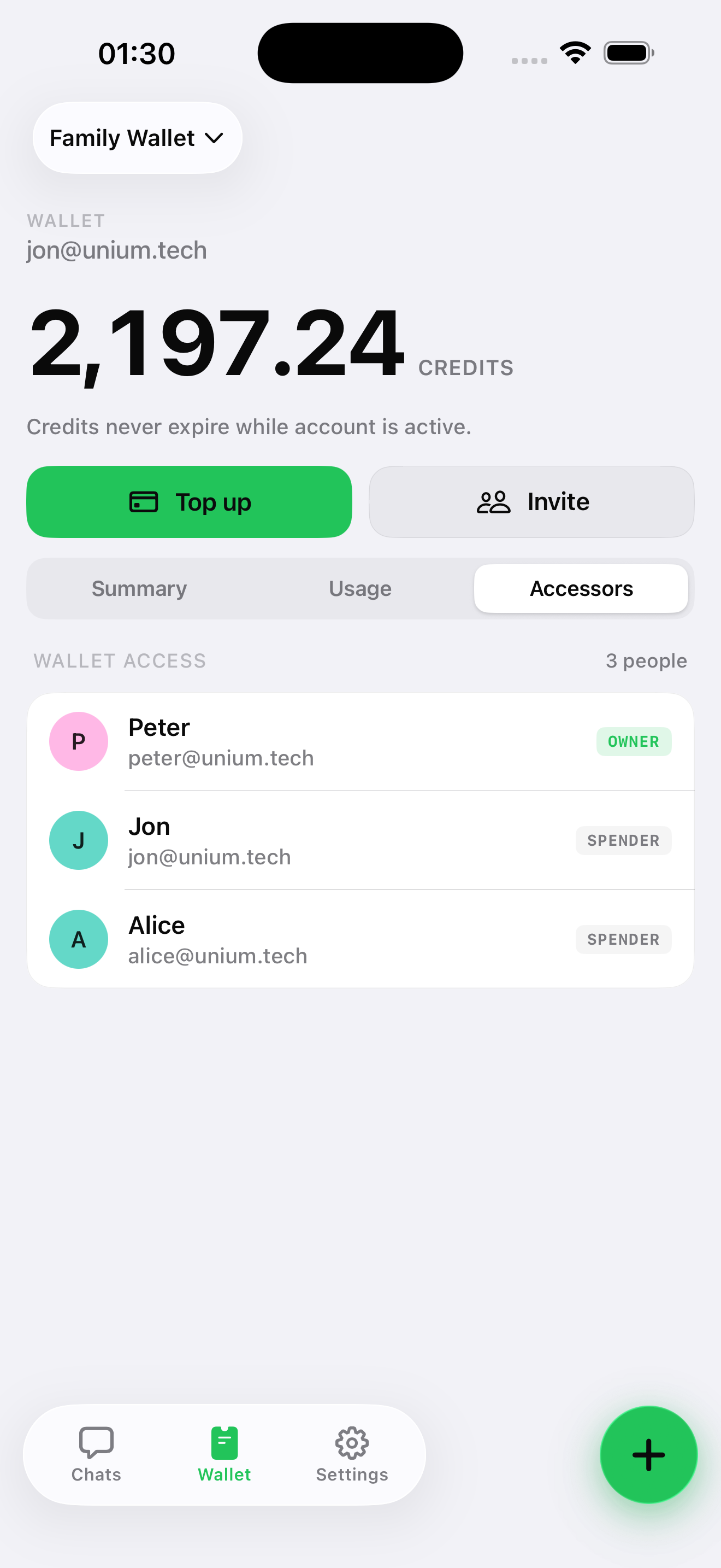 Unium iOS app showing a shared wallet and who can draw from it