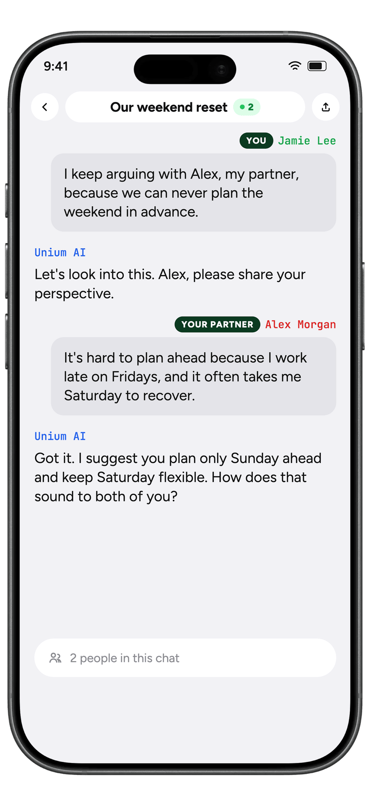 A shared chat in the Unium iPhone app where the AI hears both people out about their weekend