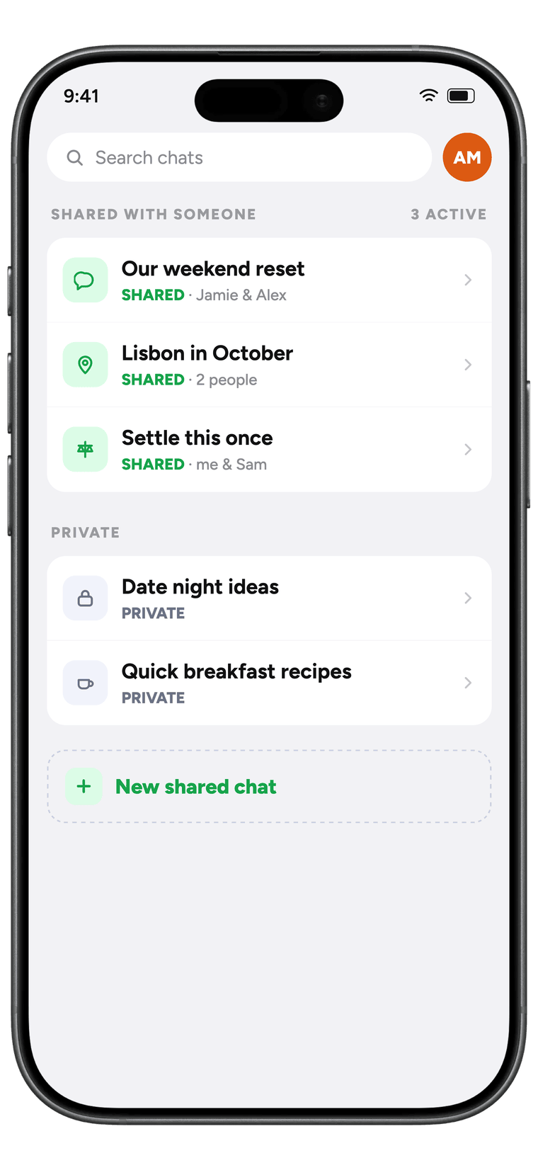 The Unium iPhone app showing shared chats at the top of the list and private chats below them