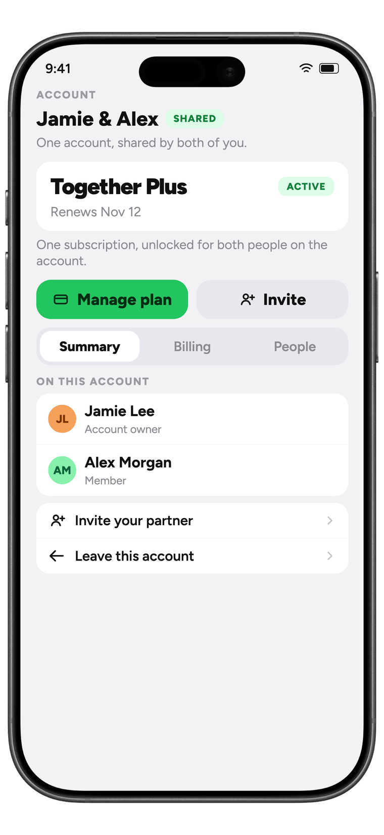The account screen in the Unium iPhone app showing one shared subscription and the two people it covers