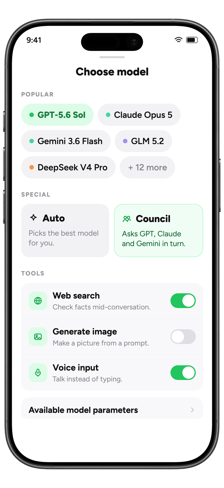 The model picker in the Unium iPhone app, with popular models, an automatic option, and tools like web search